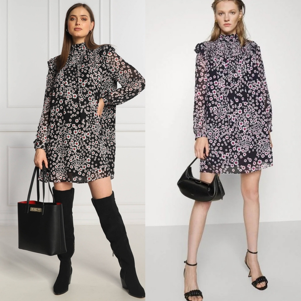 The Kooples Smocked Yoke Floral Print Mini Dress Size S Black Multi